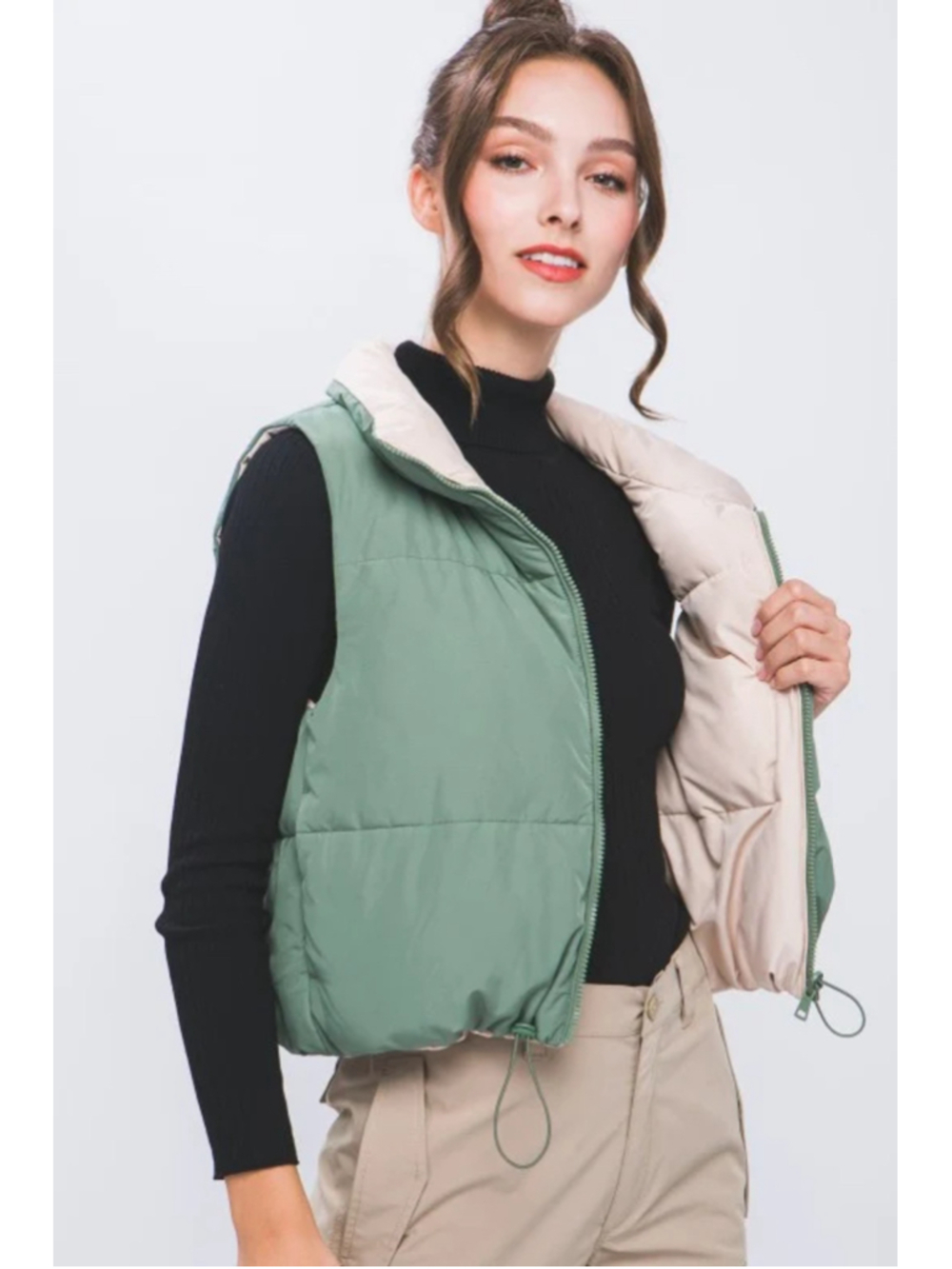 NEW Love Tree Reversible Puffer Vest Size L Green and Beige | Soft